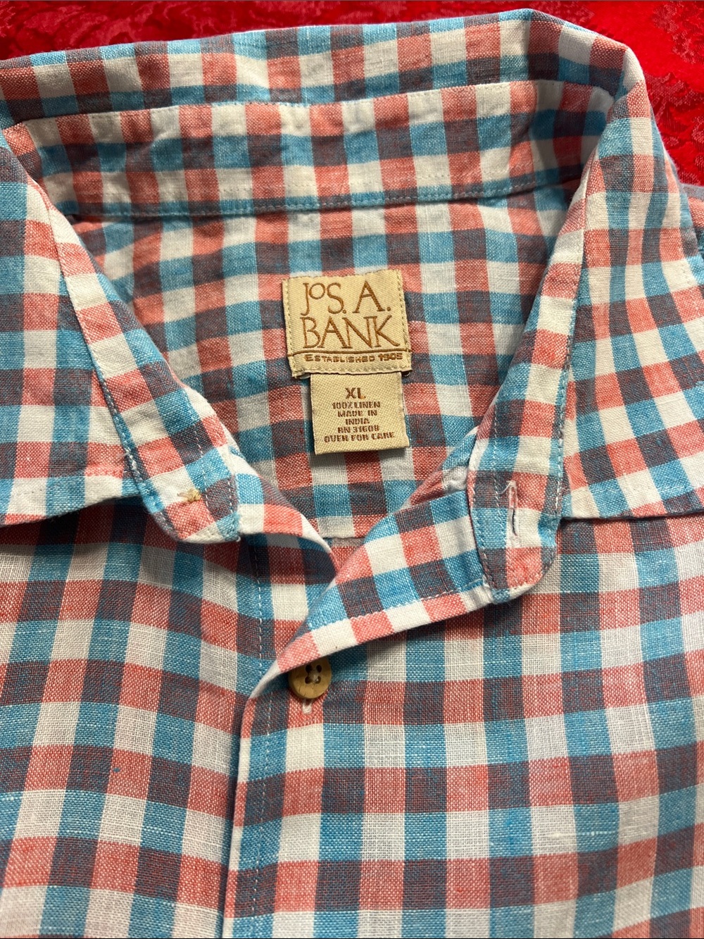 Jos. A. Bank XL 100% Linen Short Sleeve Plaid Button Front Shirt Blue Red Check